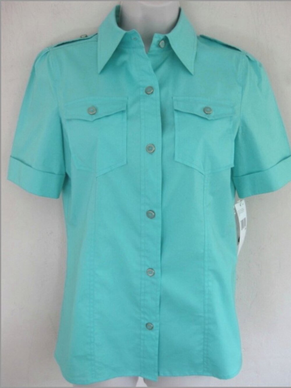 NWT DKNY aqua shirt 4 $125 Short sleeve Cotton blend Military style Pockets New